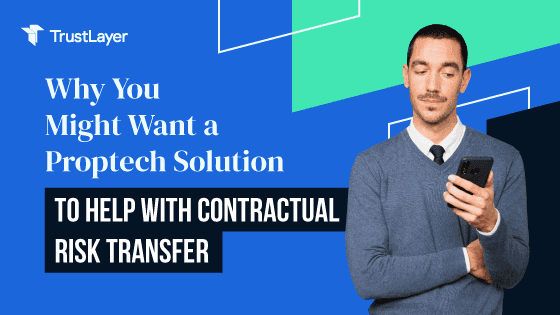 A property manager using a smartphone to explore proptech solutions for managing contractual risk and vendor relationships.