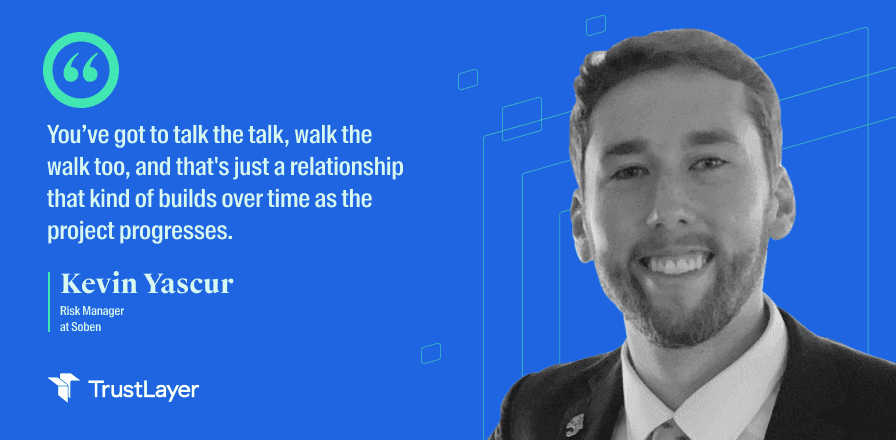 Kevin Yascur, Risk Manager at Soben, discusses the role of technology in risk management and emphasizes relationship building with project managers on Risk Management: Brick by Brick podcast.